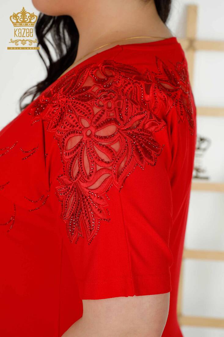 Women's Blouse Red With Floral Embroidery - 79086 | KAZEE