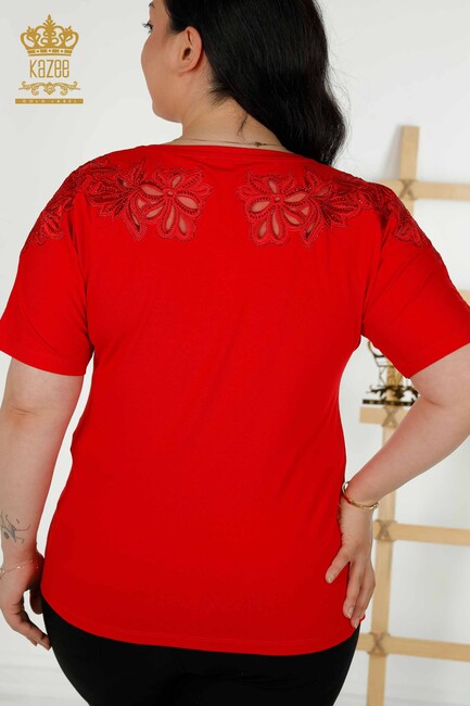 Women's Blouse Red With Floral Embroidery - 79086 | KAZEE - Thumbnail