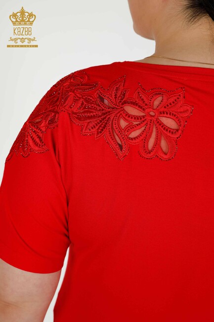 Women's Blouse Red With Floral Embroidery - 79086 | KAZEE - Thumbnail