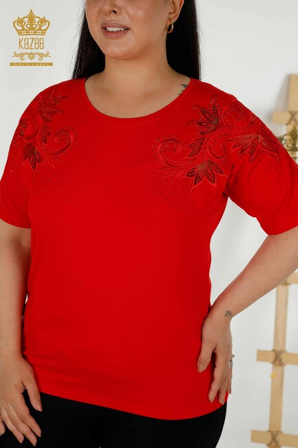 Women's Blouse Red With Floral Embroidery - 79093 | KAZEE - Thumbnail