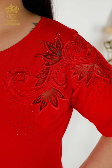 Women's Blouse Red With Floral Embroidery - 79093 | KAZEE - Thumbnail