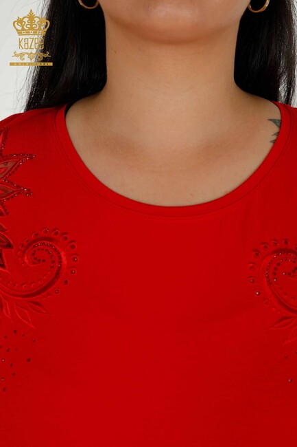 Women's Blouse Red With Floral Embroidery - 79093 | KAZEE - Thumbnail