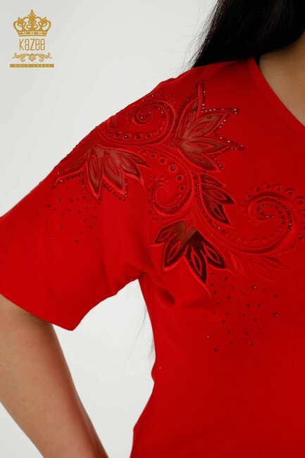 Women's Blouse Red With Floral Embroidery - 79093 | KAZEE - Thumbnail