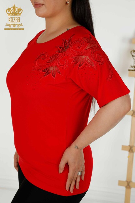 Women's Blouse Red With Floral Embroidery - 79093 | KAZEE - Thumbnail