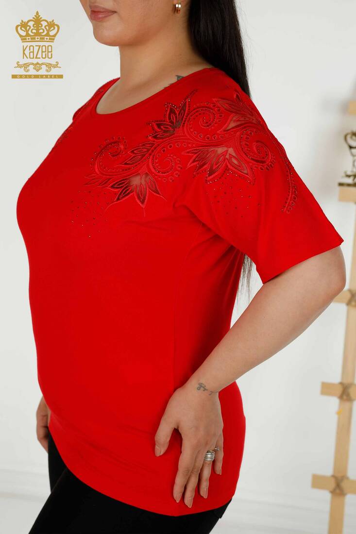 Women's Blouse Red With Floral Embroidery - 79093 | KAZEE