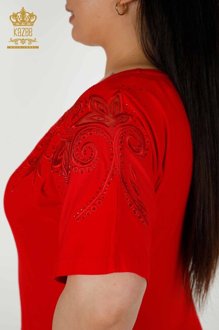 Women's Blouse Red With Floral Embroidery - 79093 | KAZEE - Thumbnail