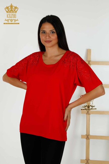 Women's Blouse Red With Floral Embroidery - 79097 | KAZEE - Thumbnail