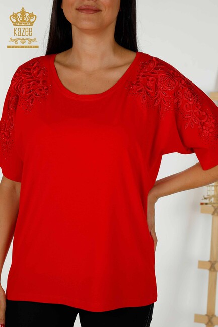 Women's Blouse Red With Floral Embroidery - 79097 | KAZEE - Thumbnail