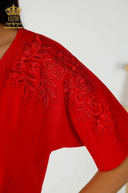 Women's Blouse Red With Floral Embroidery - 79097 | KAZEE - Thumbnail