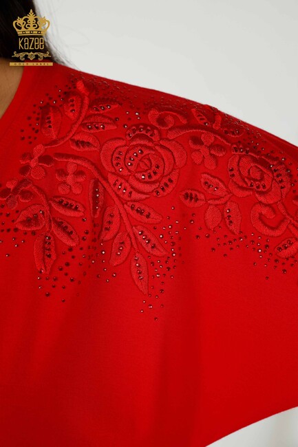 Women's Blouse Red With Floral Embroidery - 79097 | KAZEE - Thumbnail