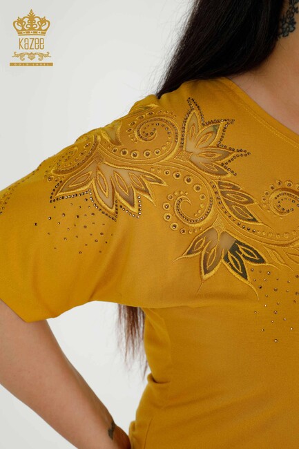 Women's Blouse Floral Embroidered Saffron - 79093 | KAZEE - Thumbnail