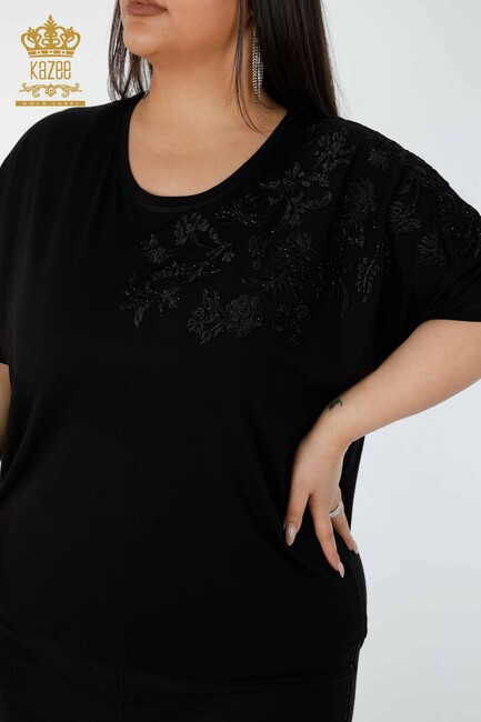 Women's Blouse With Floral Embroidery Embroidered Black - 78889 | KAZEE - Thumbnail