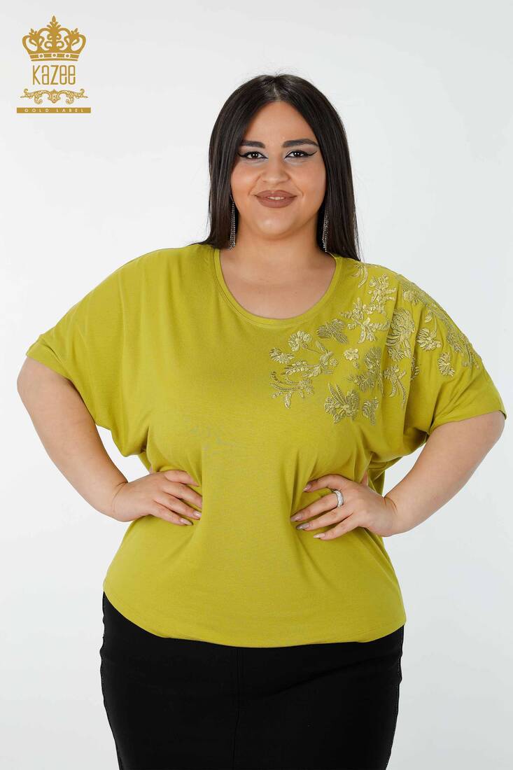 Women's Blouse Floral Embroidery Pistachio Green - 78889 | KAZEE