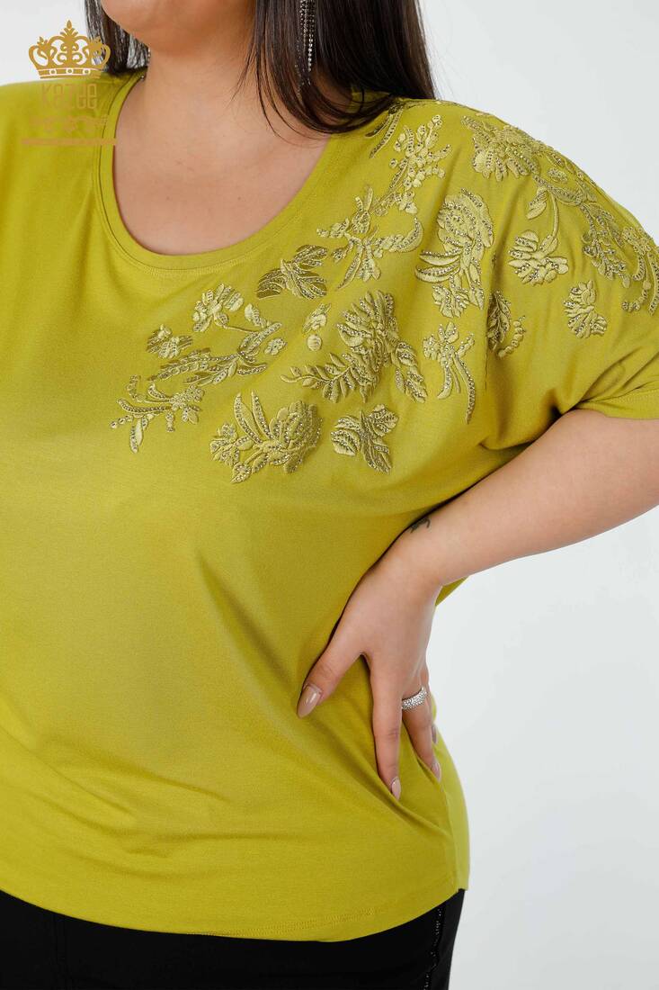 Women's Blouse Floral Embroidery Pistachio Green - 78889 | KAZEE