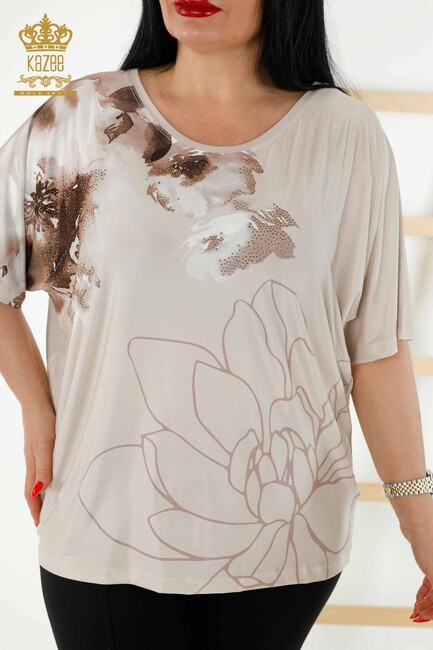 Women's Blouse Floral Pattern Beige - 77802 | KAZEE - Thumbnail