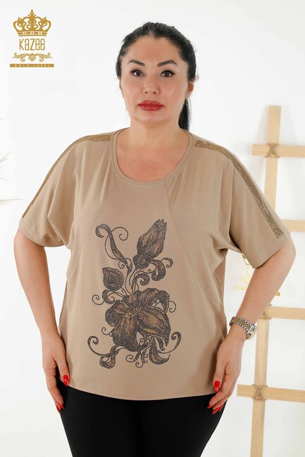 Women's Blouse Floral Pattern Beige - 79121 | KAZEE - Thumbnail