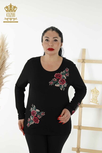 Women's Blouse Floral Pattern Black - 79046 | KAZEE - Thumbnail