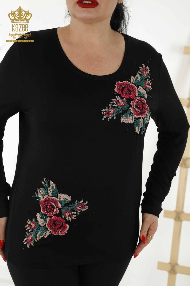 Women's Blouse Floral Pattern Black - 79046 | KAZEE