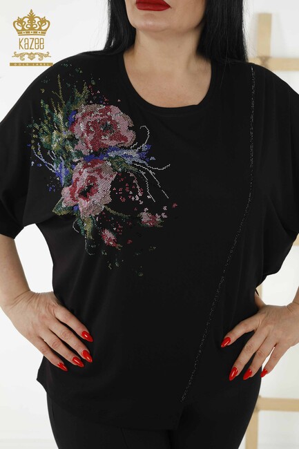 Women's Blouse Floral Pattern Black - 79061 | KAZEE - Thumbnail