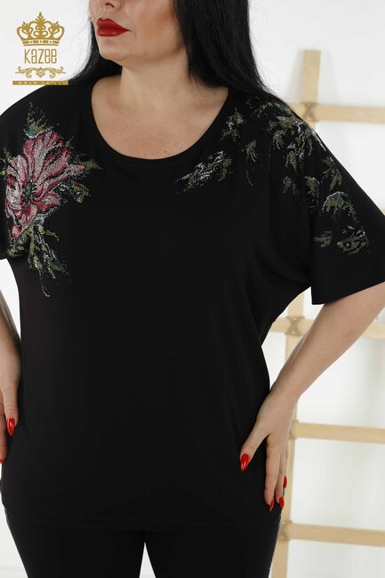 Women's Blouse Floral Pattern Black - 79089 | KAZEE - Thumbnail