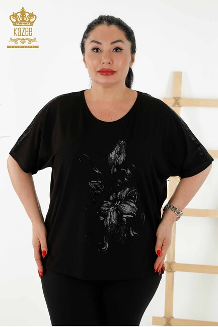 Women's Blouse Floral Pattern Black - 79121 | KAZEE - Thumbnail