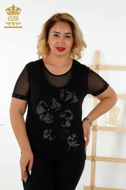 Women's Blouse Floral Pattern Black - 79290 | KAZEE - Thumbnail