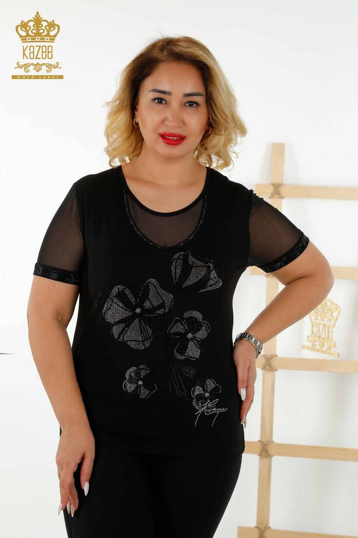 Women's Blouse Floral Pattern Black - 79290 | KAZEE