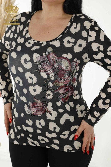 Women's Blouse Floral Pattern Black-Beige - 77770 | KAZEE - Thumbnail