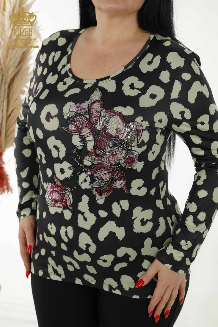 Women's Blouse Floral Pattern Black-Khaki - 77770 | KAZEE