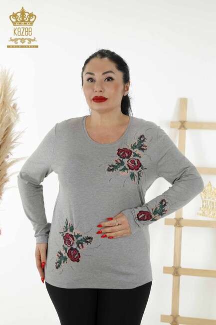 Women's Blouse Floral Pattern Gray - 79046 | KAZEE - Thumbnail