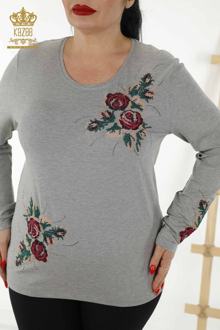 Women's Blouse Floral Pattern Gray - 79046 | KAZEE