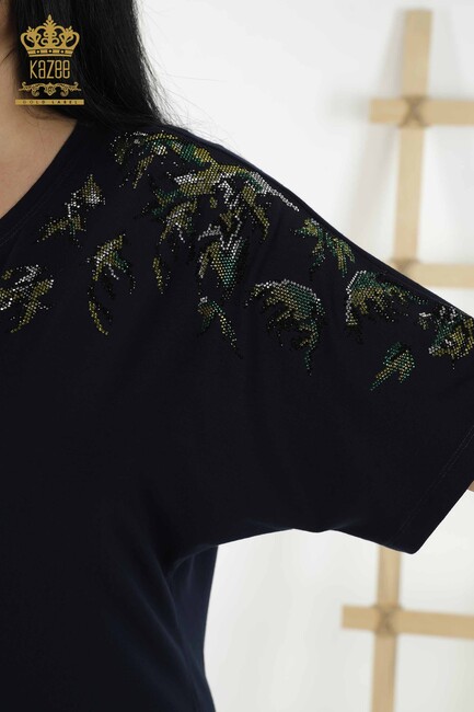 Women's Blouse Floral Pattern Navy Blue - 79089 | KAZEE - Thumbnail