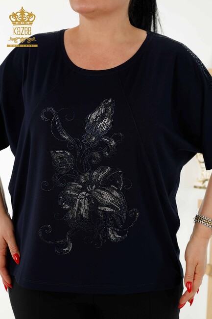 Women's Blouse Floral Pattern Navy Blue - 79121 | KAZEE - Thumbnail