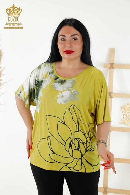 Women's Blouse Floral Pattern Pistachio Green - 77802 | KAZEE - Thumbnail