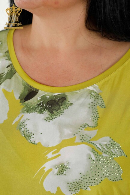 Women's Blouse Floral Pattern Pistachio Green - 77802 | KAZEE - Thumbnail