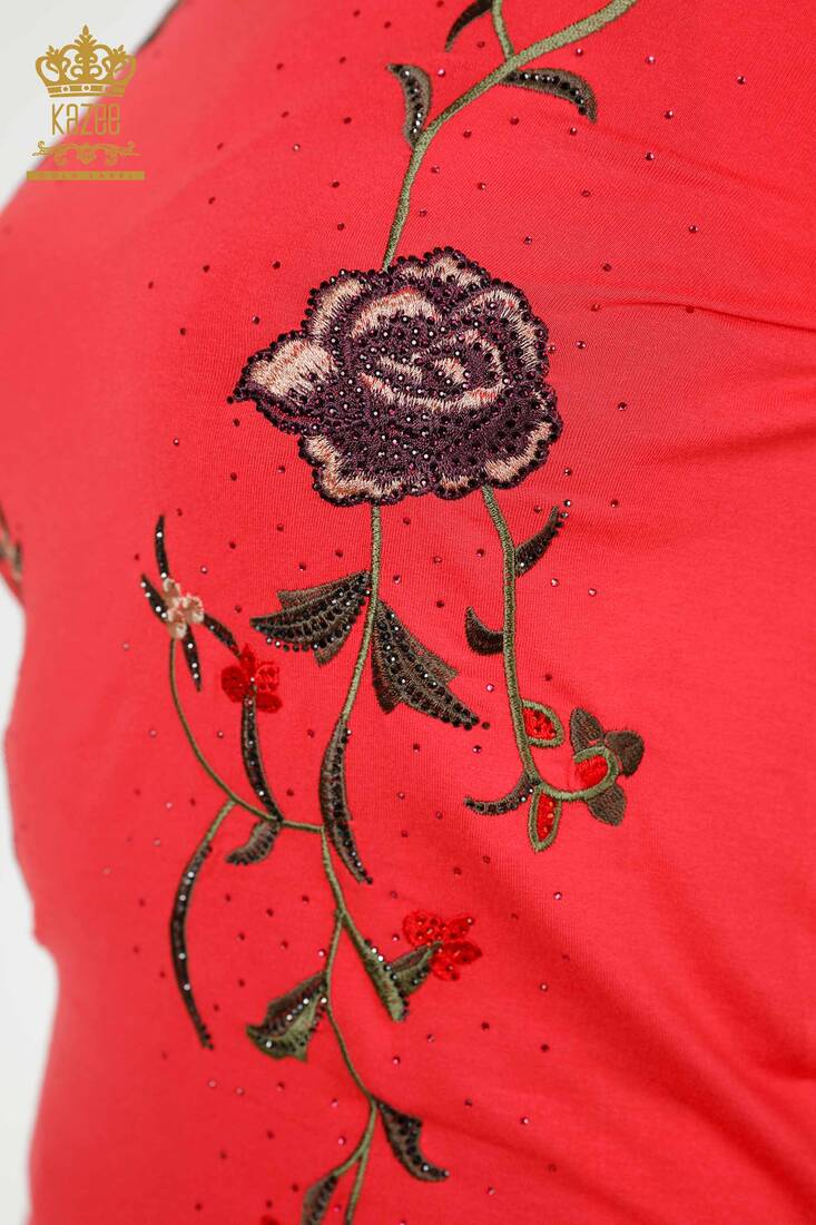 Women's Blouse With Rose Embroidery Pomegranate Blossom - 79044 | KAZEE