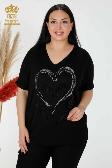 Women's Blouse Heart Pattern Black - 77711 | KAZEE - Thumbnail