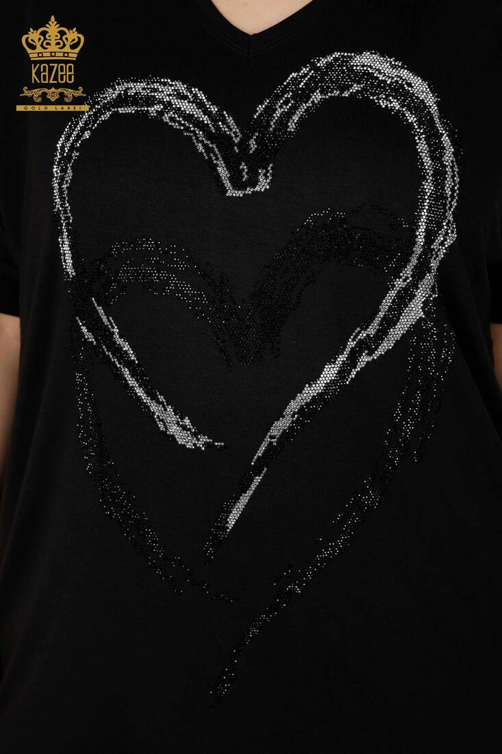 Women's Blouse Heart Pattern Black - 77711 | KAZEE