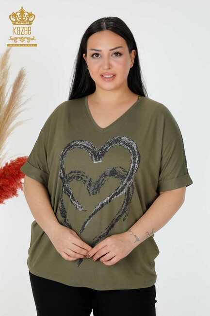 Women's Blouse Heart Pattern Khaki - 77711 | KAZEE - Thumbnail