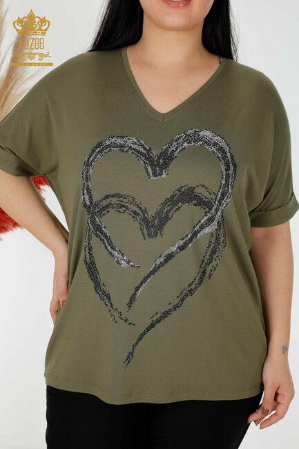 Women's Blouse Heart Pattern Khaki - 77711 | KAZEE - Thumbnail