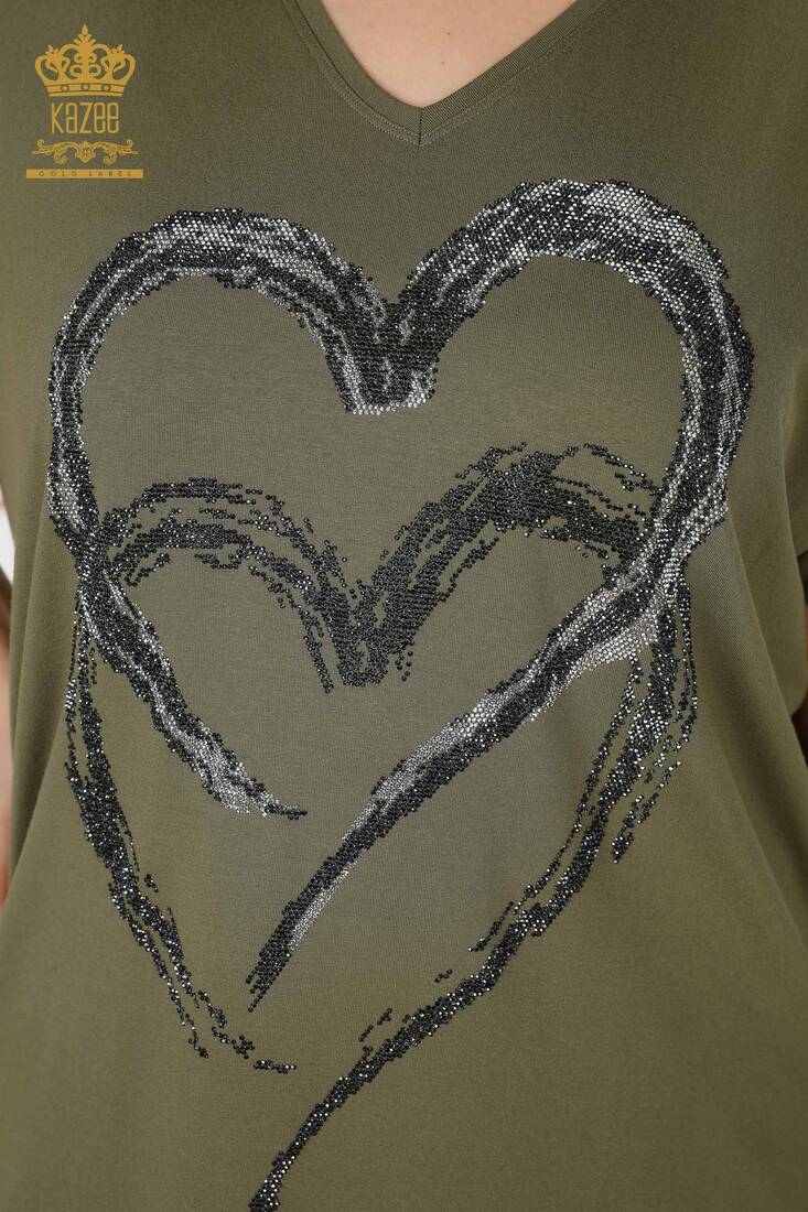 Women's Blouse Heart Pattern Khaki - 77711 | KAZEE