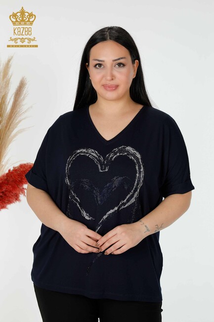 Women's Blouse Heart Pattern Navy Blue - 77711 | KAZEE - Thumbnail