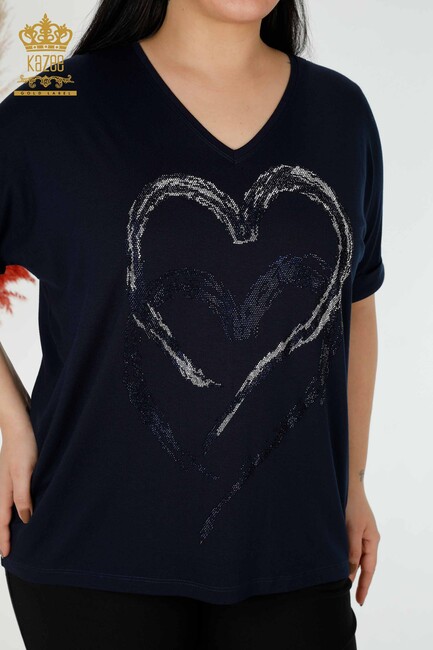 Women's Blouse Heart Pattern Navy Blue - 77711 | KAZEE - Thumbnail