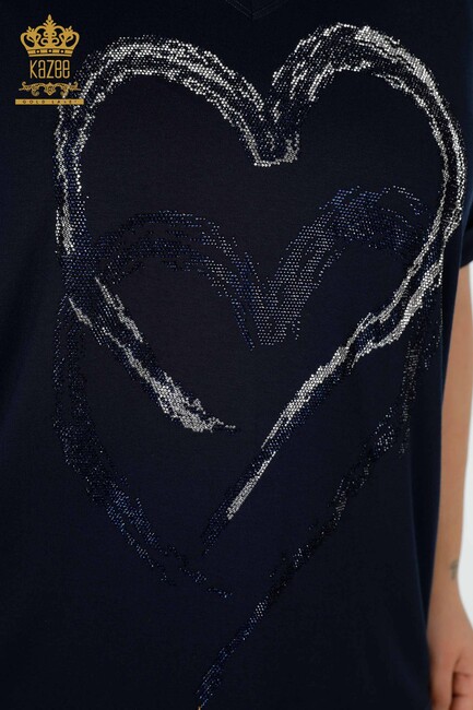 Women's Blouse Heart Pattern Navy Blue - 77711 | KAZEE - Thumbnail