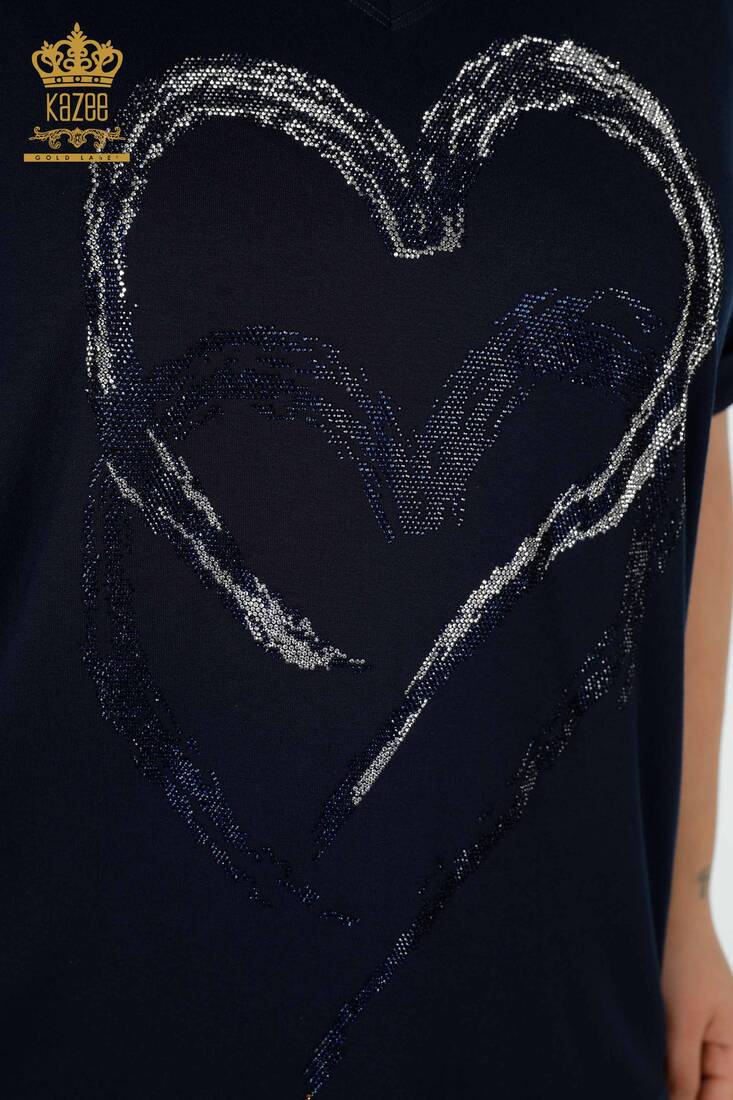 Women's Blouse Heart Pattern Navy Blue - 77711 | KAZEE