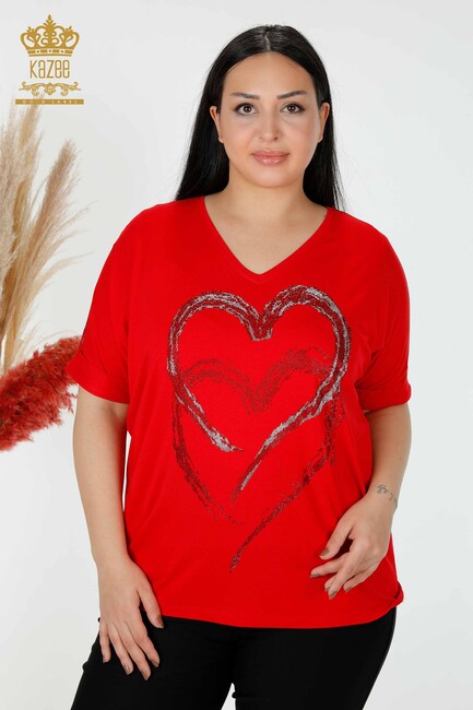 Women's Blouse Heart Pattern Red - 77711 | KAZEE - Thumbnail