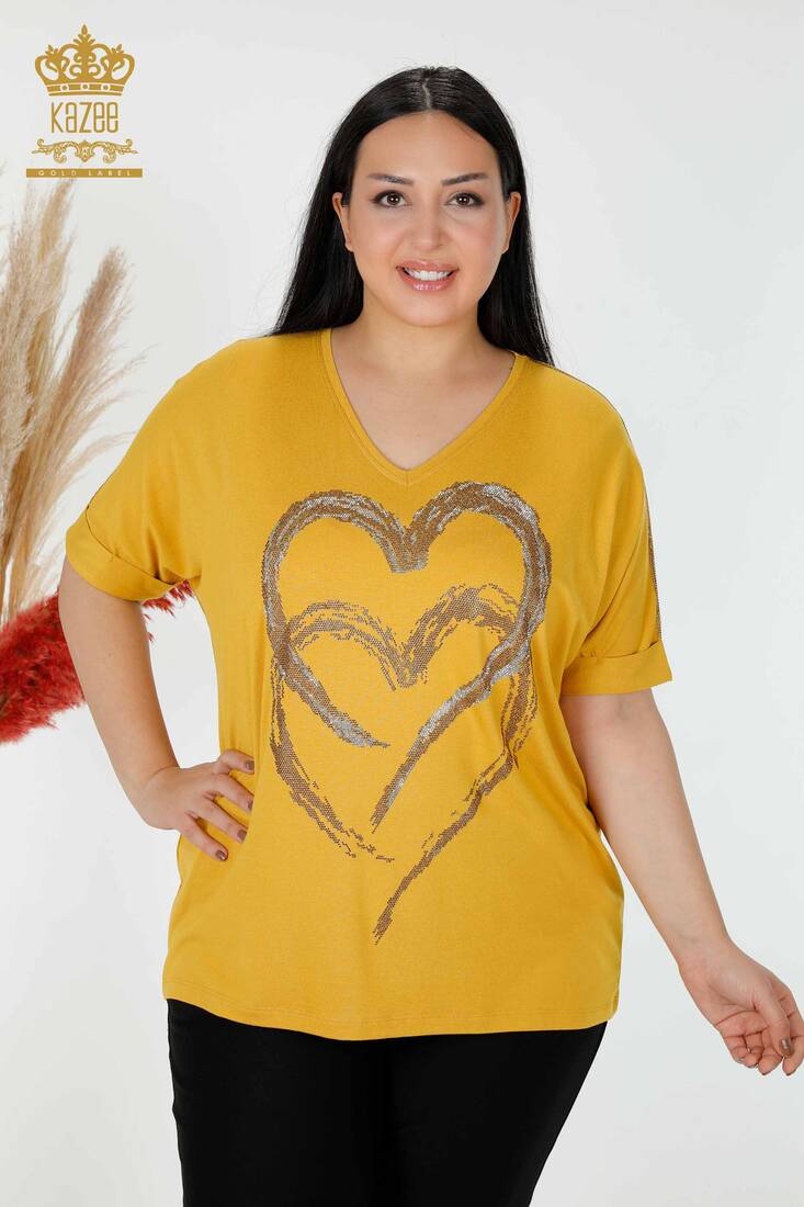 Women's Blouse Heart Patterned Saffron - 77711 | KAZEE