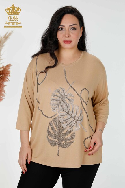 Women's Blouse Leaf Pattern Beige - 78946 | KAZEE - Thumbnail