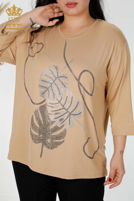 Women's Blouse Leaf Pattern Beige - 78946 | KAZEE - Thumbnail