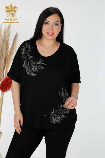 Women's Blouse Leaf Pattern Black - 78846 | KAZEE - Thumbnail